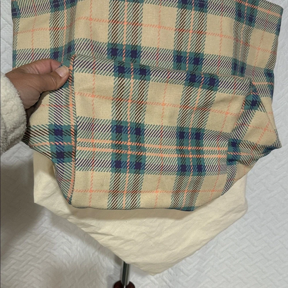 Tory Burch Beige and Blue Checkered Tote With Large Dust Bag - Picture 3 of 6